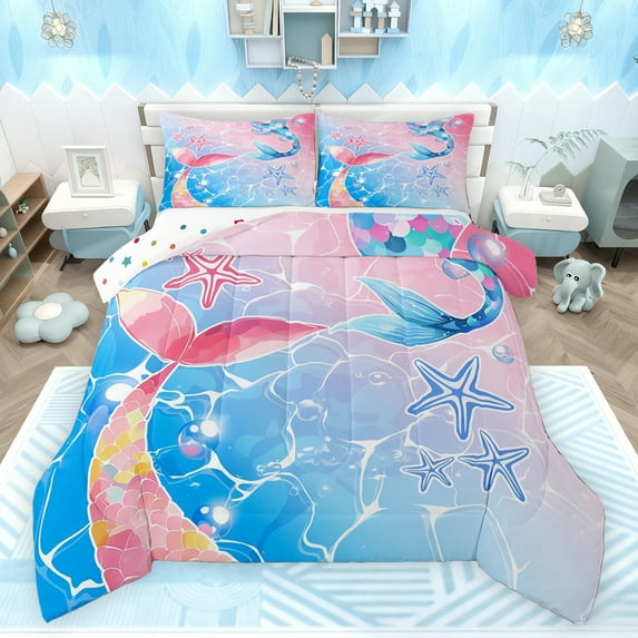 Castle Fairy Girls Ocean Mermaid 3 Pieces Queen Comforter Set,Marine Dreamy Princess Ultra Soft Bedding Sets,Sea Starfish Bedding Comforter Set Breathable,Lightweight Room Decor,Reversible
