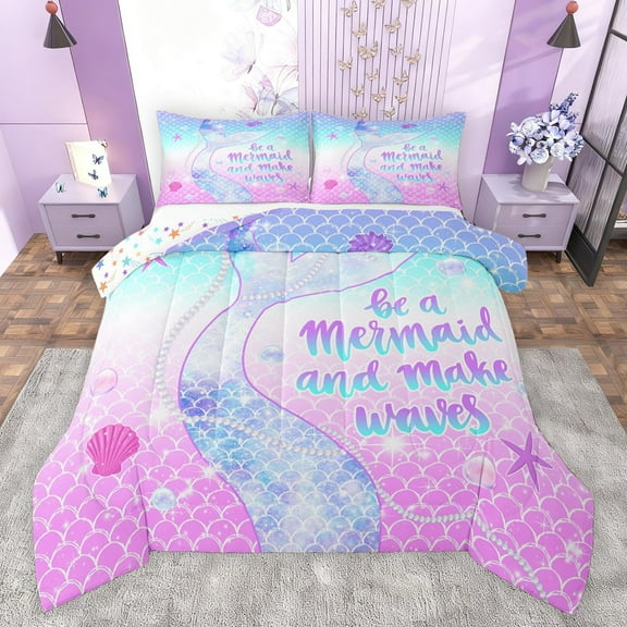 Castle Fairy Girls Ocean Mermaid Full Size Comforter Sets 3-Piece,Marine Dreamy Princess Bedding Comforter Set,Bling Gradient Glitter Lightweight Bedding Sets,Lightweight Room Decor,Reversible