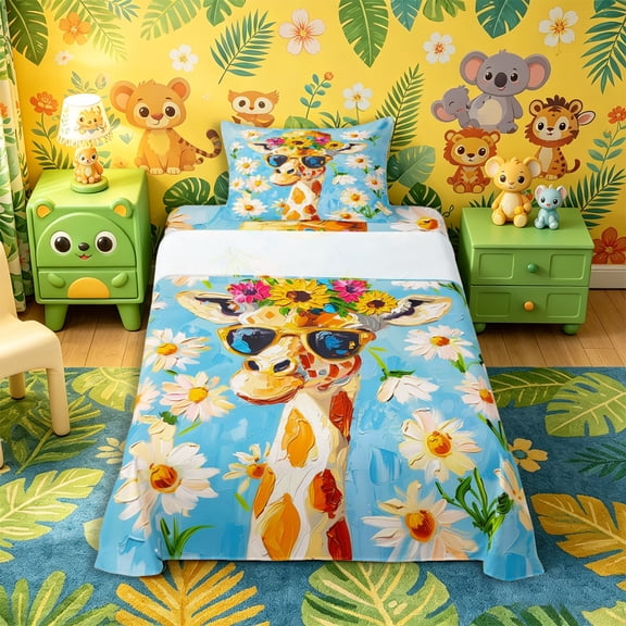 Castle Fairy Girls Paint Textured Giraffe Twin Sheets 3pcs,Daisy Floral Sky Bedding,Brown Yellow Blue,1 Fitted Sheet, 1 Flat Sheet and 1 Pillowcase