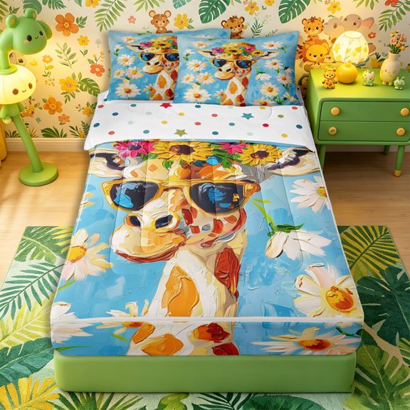 Castle Fairy Girls Paint Textured Giraffe Zipper Queen Comforter Set with Fitted Sheet and 2 Pillowcases,Daisy Floral Sky Zipper Bedding Set,Brown Yellow Blue,Reversible,4 Pieces