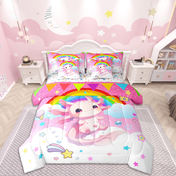 Castle Fairy Girls Pink Axolotl 7-Piece Twin Bedding Sets,Sparkling Sequin Bedding Comforter Set,Cartoon Rainbow Breathable Sheet Sets,Luxury Bedroom Decor