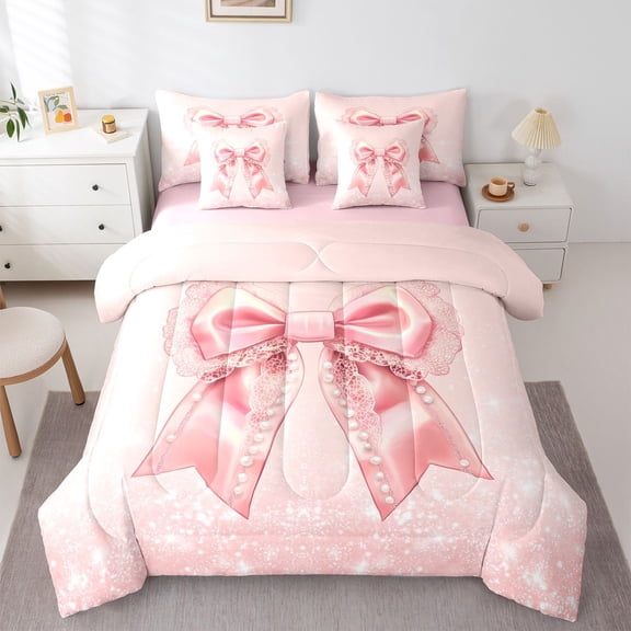 Castle Fairy Girls Pink Bowknot Twin Bedding Sets,Pearl Bowtie Bedding Comforter Set