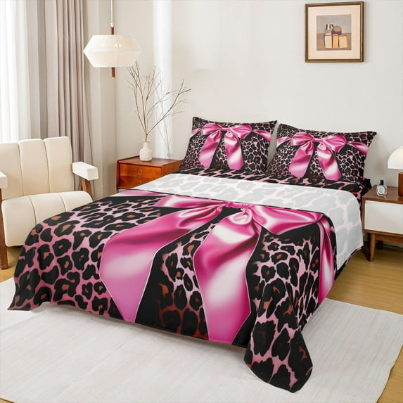 Castle Fairy Girls Pink Ribbon Bow Knot Full Size Sheets 4-Piece,Old Fashion Dreamy Princess Breathable Bed Sheets,Animal Cheetah Print Lightweight Sheet Sets,Ultra Soft Home Decor