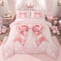 Castle Fairy Girls Pink Ribbon Bowknot Twin Comforter Sets,Dreamy Pearl Bowtie Bedding Set