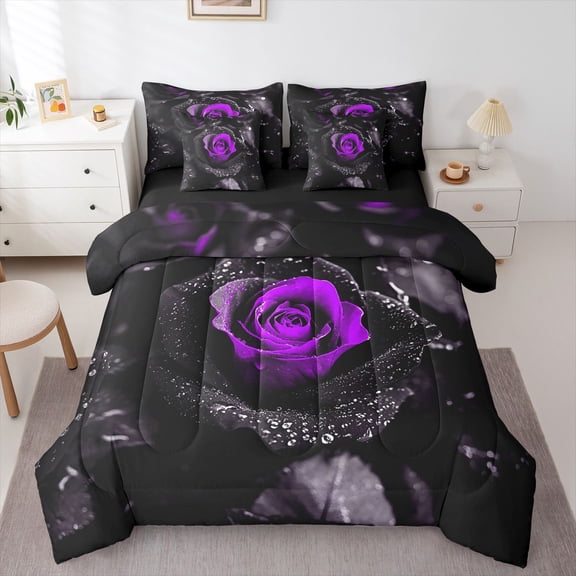 Castle Fairy Girls Purple Rose Twin Bedding Sets,Chic Floral Bedding Comforter Set
