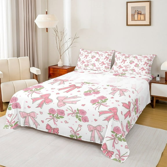 Castle Fairy Girls Rose Bowknot 4pcs Bed Sheets,Dreamy Princess King Sheets,Floral Bow Super Cozy Sheet Set,Ultra Soft Home Decor