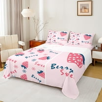 Castle Fairy Girls Sweet Strawberry 3pcs Twin Sheet Sets,Cartoon Fruit Twin Fitted Sheet,Flower Love Heart Breathable Flat Sheet,Lightweight Room Decor