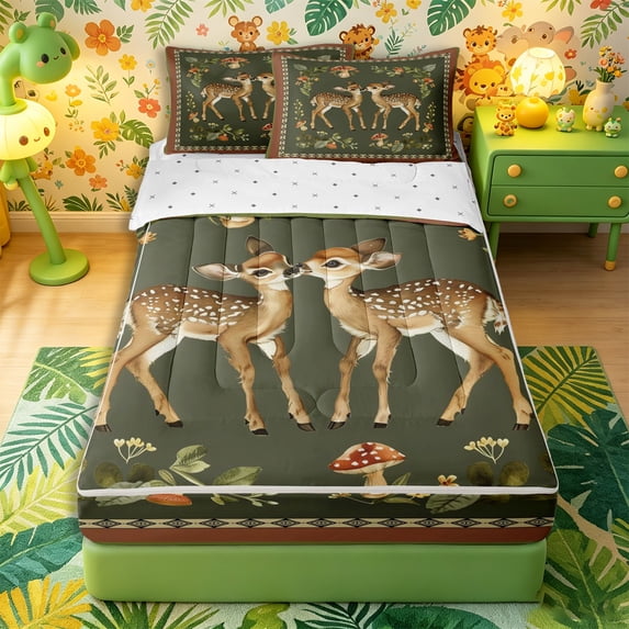 Castle Fairy Girls Vintage Cute Deer Zipper Full Size Comforter Sets with Fitted Sheet and 2 Pillowcases,Cartoon Mushroom Floral Zipper Bedding Set,Olive Brown White,Reversible,4pcs