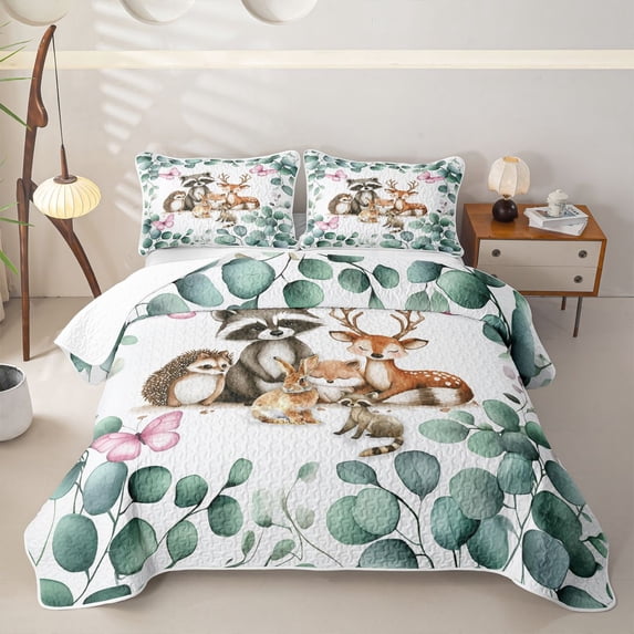 Castle Fairy Girls Watercolor Woodland Wildlife Quilt Full,Eucalyptus Butterfly Floral Full Bedspread Sets,Green Brown White
