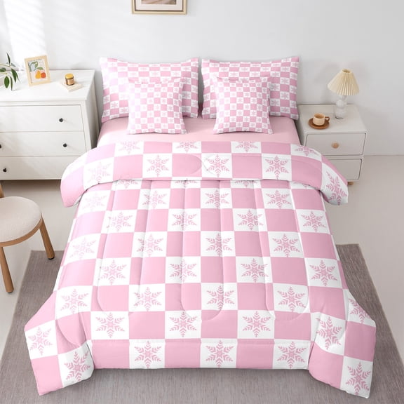 Castle Fairy Girls Winter Snowflakes 7-Piece Twin Bedding Sets,Festival Xmas Bedding Comforter Set,Geometric Lattice Breathable Sheet Sets,Microfiber Bedroom Decor