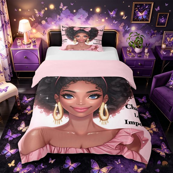 Castle Fairy Girly Black Woman Twin Duvet Cover,Pink Ribbon Bow Twin Bedding,Pink Reversible,1 Duvet Cover and 1 Pillowcase