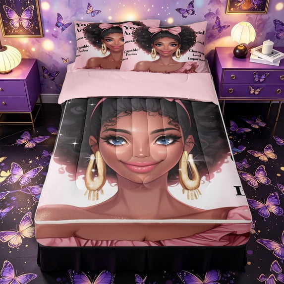 Castle Fairy Girly Black Woman Zipper Twin Comforter Sets with Fitted Sheet and 2 Pillowcases,Pink Ribbon Bow Zipper Bedding Set,Pink Reversible,4-Piece
