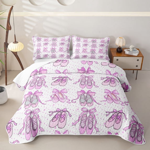 Castle Fairy Girly Bow Ballet Shoes Bed Spread Queen,Dreamy Polka Dots Pattern Queen Coverlet Set,Purple