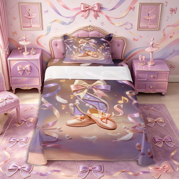 Castle Fairy Girly Bow Initial S Twin Sheets 3pcs,Ballet Dance Musical Notes Bedding,Faded Peach Periwinkle,1 Fitted Sheet, 1 Flat Sheet and 1 Pillowcase