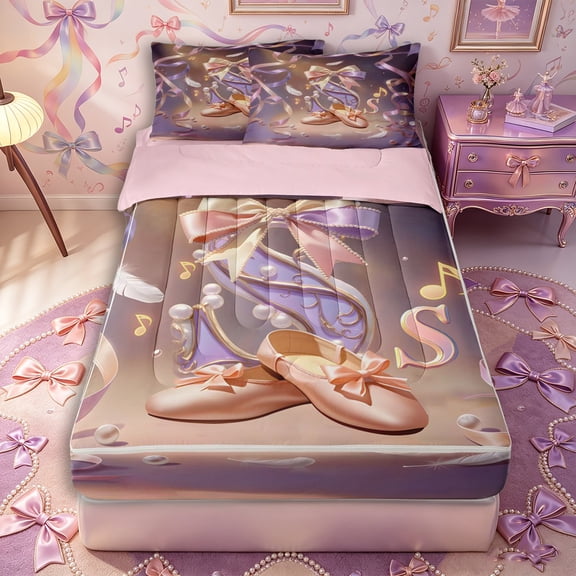 Castle Fairy Girly Bow Initial S Zipper Full Size Comforter Sets with Fitted Sheet and 2 Pillowcases,Ballet Dance Musical Notes Zipper Bedding Set,Faded Peach Periwinkle,4pcs