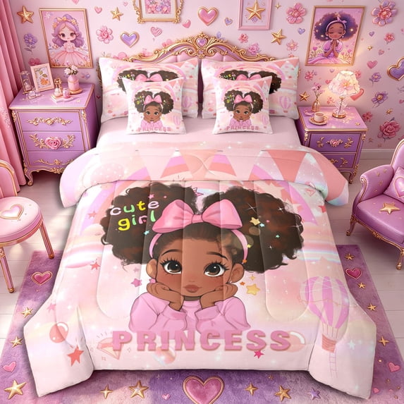 Castle Fairy Girly Cartoon Black Princess Full Size Bedding Sets 7 Pieces,Sweet Hot Air Balloon Star Full Size Bed in a Bag,Pink Gold,Pink Reversible