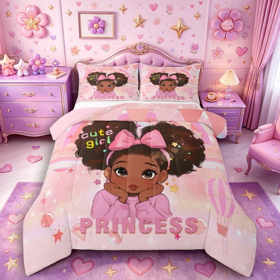 Castle Fairy Girly Cartoon Black Princess King Size Comforter Sets 3pcs,Sweet Hot Air Balloon Star Comforters King Size,Pink Gold,Pink Reversible,1 Comforter and 2 Pillowcases