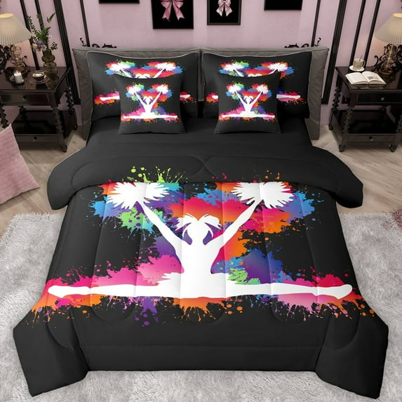 Castle Fairy Girly Dreamy Dance Bedding Comforter Set 7 Pieces for Female Women,Cheer Theme Full Bedding Set Lightweight,Graffiti Splash Fitted Sheet Flat Sheet,Super Cozy Room Decor,Reversible