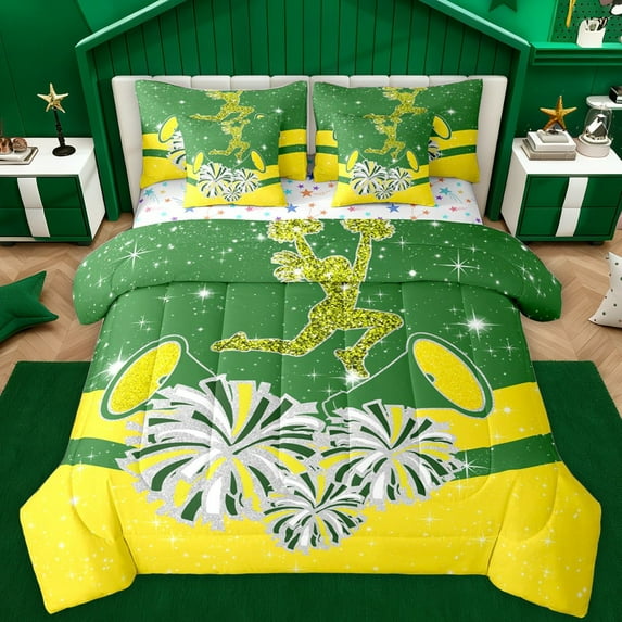 Castle Fairy Girly Dreamy Dance Bedding Comforter Set 7 Pieces for Kids Teens,Bling Glitter Full Bedding Set Lightweight,Cheer Theme Fitted Sheet Flat Sheet,Breathable Home Decor,Reversible