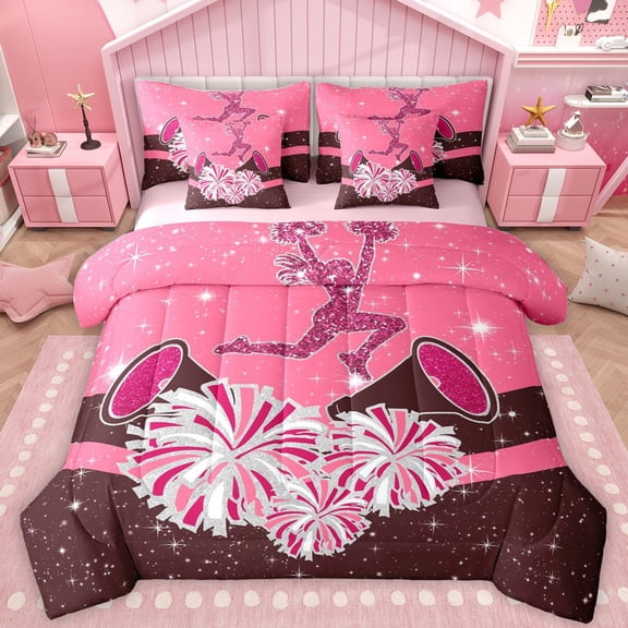 Castle Fairy Girly Dreamy Dance Twin Bedding Sets 7-Piece for Kids Teens,Bling Glitter Bedding Comforter Set Microfiber,Cheer Theme Breathable Sheet Sets,Breathable Home Decor,Reversible
