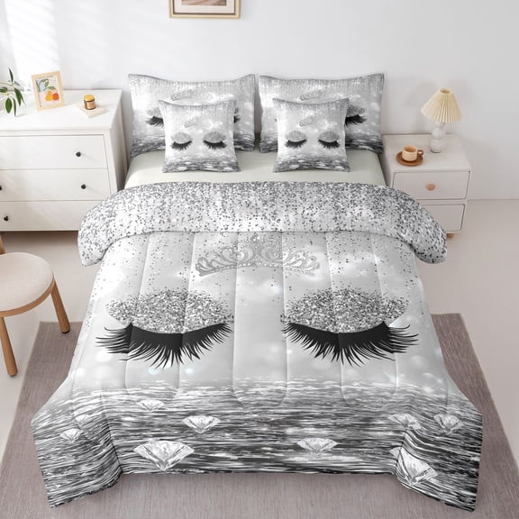 Castle Fairy Girly Eyelash Bedding Comforter Set,Crystal Glitter Print Full Bedding Set