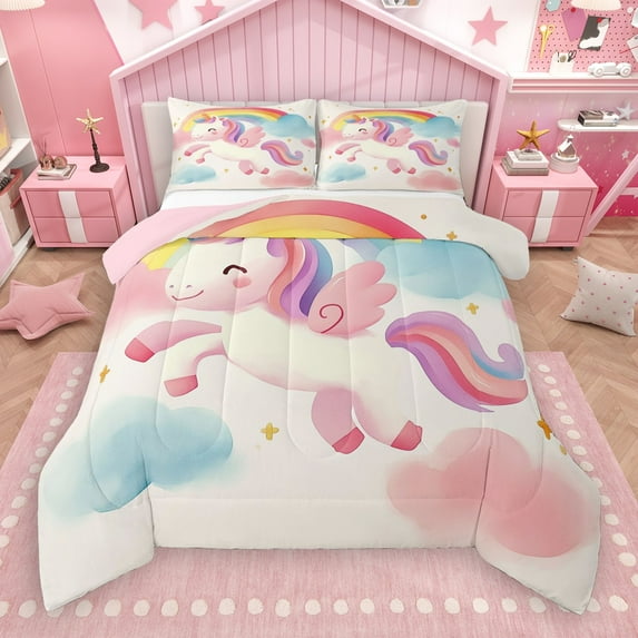 Castle Fairy 2-Piece Twin Size Comforter Set - Unicorn Horse Kids Fantasy Print