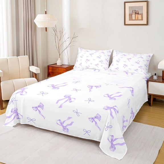 Castle Fairy Girly Ribbon Bow Twin Sheet Sets for Child Boys Girls,Purple Bow Tie Bedding