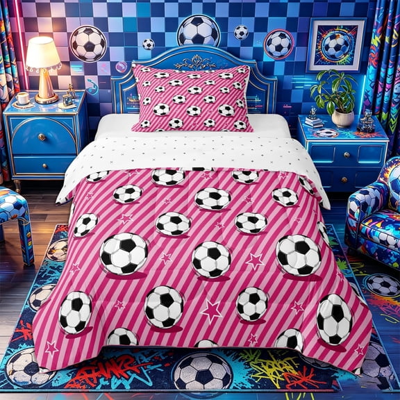 Castle Fairy Girly Soccer Twin Comforter Sets 2pcs, Geometric Stripes Bedding Set, Black White Pink,1 Comforter and 1 Pillowcase