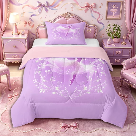Castle Fairy Glam Ballerina Print Twin Comforter Sets 2pcs,Floral Silhouette Pattern Bedding Set,Pink White,Grey Reversible,1 Comforter and 1 Pillowcase
