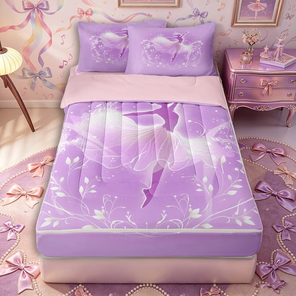 Castle Fairy Glam Ballerina Print Zipper Twin Comforter Sets with Fitted Sheet and 2 Pillowcases,Floral Silhouette Pattern Zipper Bedding Set,Pink White,Grey Reversible,4-Piece