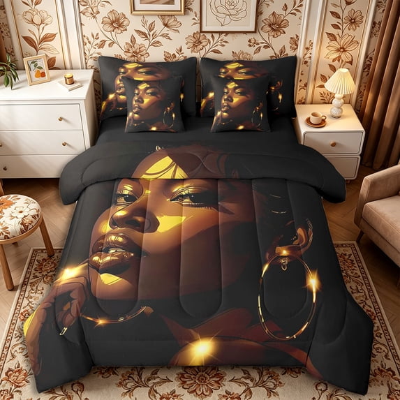 Castle Fairy Glam Black Girl Queen Bedding 7pcs,Black Gold Bedding Comforter Set Queen,Grey Reversible