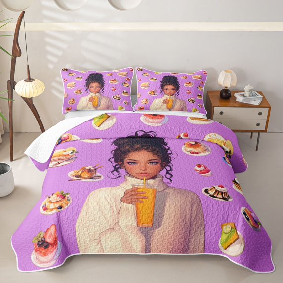 Castle Fairy Glam Black Girl Quilt Full,Dessert Print Full Bedspread Sets,Purple White
