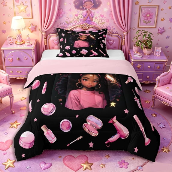 Castle Fairy Glam Black Girl Twin Comforter Sets 2pcs,Stars Print Bedding Set,Pink Black,Pink Reversible,1 Comforter and 1 Pillowcase