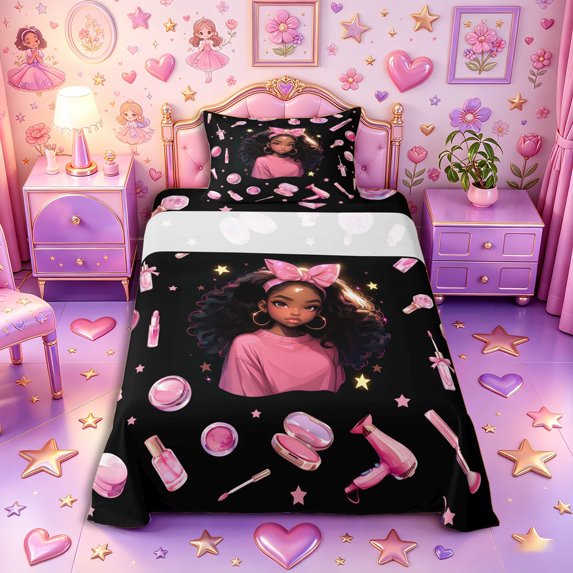 Castle Fairy Glam Black Girl Twin Sheets 3pcs,Stars Print Bedding,Pink Black,1 Fitted Sheet, 1 Flat Sheet and 1 Pillowcase