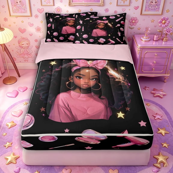 Castle Fairy Glam Black Girl Zipper Twin Comforter Sets with Fitted Sheet and 2 Pillowcases,Stars Print Zipper Bedding Set,Pink Black,Pink Reversible,4-Piece