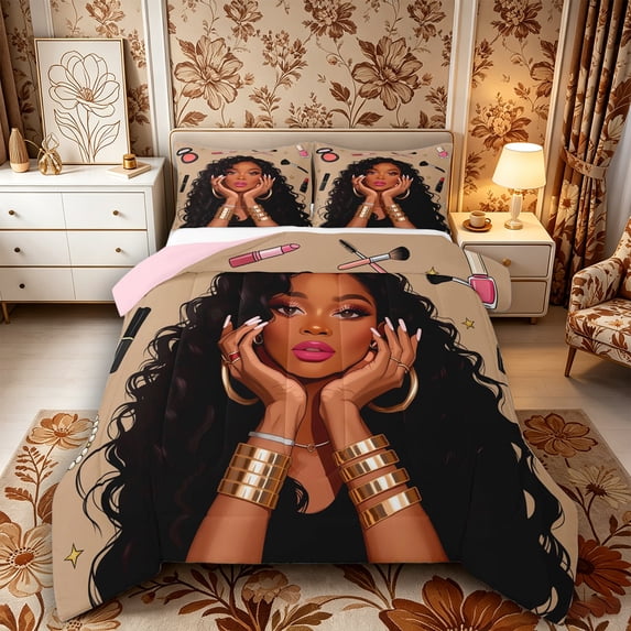 Castle Fairy Glam Black Woman Full Size Comforter Sets 3-Piece,Makeup Print Bedding Comforter Set,Brown Pink,Grey Reversible,1 Comforter and 2 Pillowcases