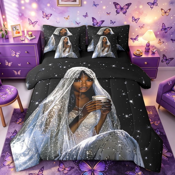 Castle Fairy Glam Black Woman Twin Bedding 7-Piece,Glitter Stars Print Bedding Comforter Set,Silver,Black Reversible