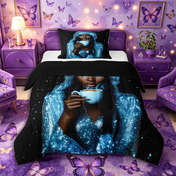 Castle Fairy Glam Black Woman Twin Comforter Sets 2pcs,Bling Starry Sky Print Bedding Set,Blue Silver,Black Reversible,1 Comforter and 1 Pillowcase