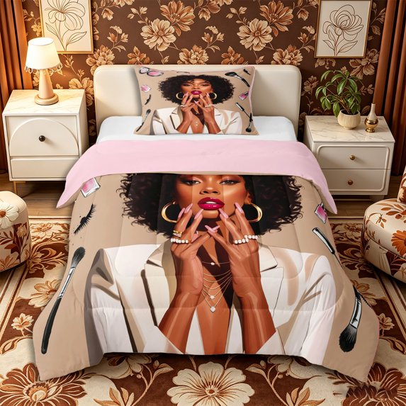 Castle Fairy Glam Black Woman Twin Comforter Sets 2pcs,Makeup Print Bedding Set,Brown Pink,Grey Reversible,1 Comforter and 1 Pillowcase