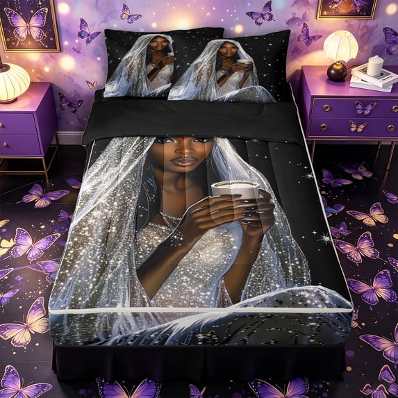 Castle Fairy Glam Black Woman Zipper Twin Comforter Sets with Fitted Sheet and 2 Pillowcases,Glitter Stars Print Zipper Bedding Set,Silver,Black Reversible,4-Piece