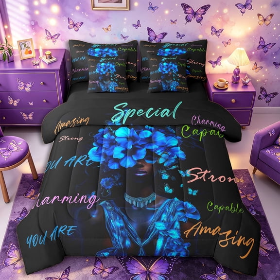 Castle Fairy Glam Black Women Full Size Bedding Sets 7 Pieces,Floral Quote Pattern Full Size Bed in a Bag,Azure Navy Orange