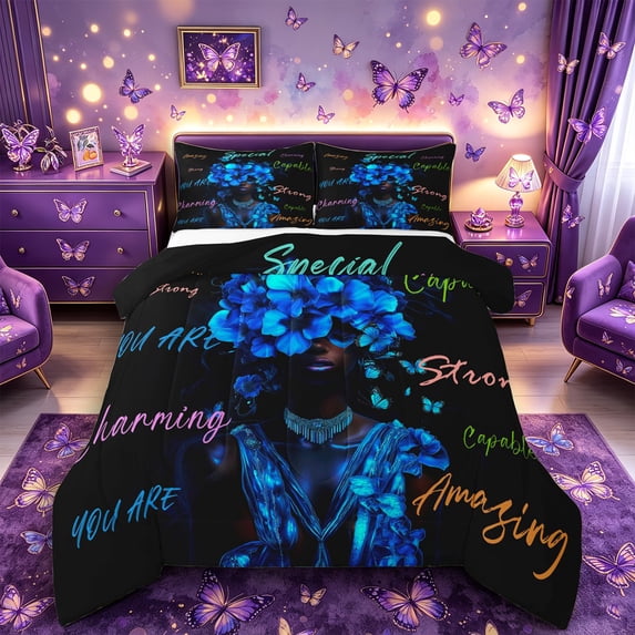 Castle Fairy Glam Black Women King Size Comforter Sets 3pcs,Floral Quote Pattern Comforters King Size,Azure Navy Orange,1 Comforter and 2 Pillowcases