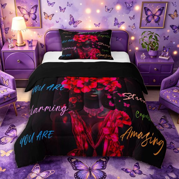 Castle Fairy Glam Black Women Twin Comforter Sets 2pcs,Floral Quote Pattern Bedding Set,Crimson Black Cyan,1 Comforter and 1 Pillowcase