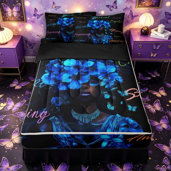 Castle Fairy Glam Black Women Zipper Twin Comforter Sets with Fitted Sheet and 2 Pillowcases,Floral Quote Pattern Zipper Bedding Set,Azure Navy Orange,4-Piece