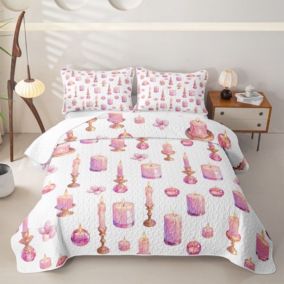 Castle Fairy Glam Candle Print Bed Spread Queen,Pink Floral Pattern Queen Coverlet Set