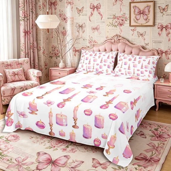 Castle Fairy Glam Candle Print Queen Sheets 4 Pieces,Pink Floral Pattern Queen Sheet Sets,1 Fitted Sheet, 1 Flat Sheet and 2 Pillowcases