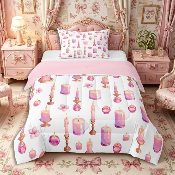 Castle Fairy Glam Candle Print Twin Comforter Sets 2pcs,Pink Floral Pattern Bedding Set,Grey Reversible,1 Comforter and 1 Pillowcase