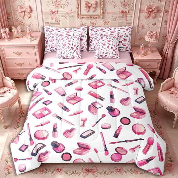 Castle Fairy Glam Cosmetic Print Full Size Bedding Sets 7 Pieces,Pink Fashion Pattern Full Size Bed in a Bag,Pink White,Grey Reversible