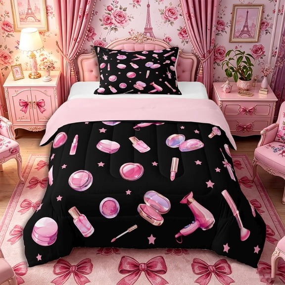 Castle Fairy Glam Cosmetic Print Twin Comforter Sets 2pcs,Pink Fashion Stars Print Bedding Set,Pink Reversible,1 Comforter and 1 Pillowcase