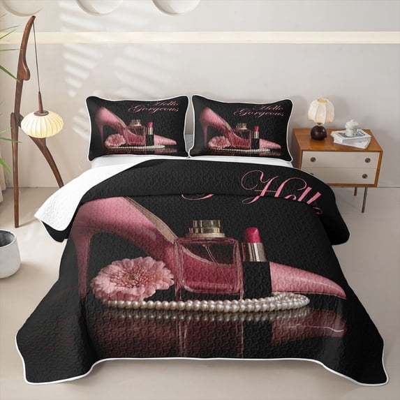 Castle Fairy Glam Fashion Print Quilt King,High Heel Perfume Pattern King Coverlet Set,Pink Black